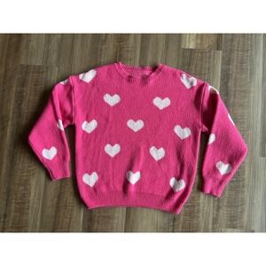 Heart Print Sweater Womens Large Pink White Knit Pullover Crewneck Hearts Love